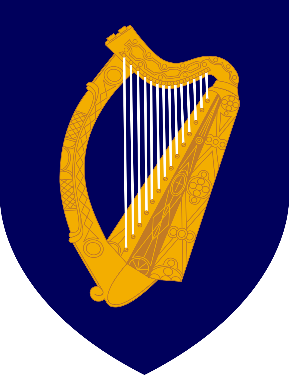 Arms of Ireland: a gold Celtic harp with silver strings on a blue shield